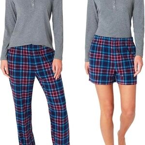 Womens 3 pc Waffle Fleece Sleep Set Long Sleeve Henley, Shorts & Pants Brand New